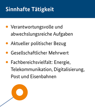 Sinnhafte Tätigkeit :Verantwortungsvolle und abwechslungsreiche Aufgaben ;Aktueller politischer Bezug ;Gesellschaftlicher Mehrwert ;Fachbereichsvielfalt: Energie, Telekommunikation, Digitalisierung, Post und Eisenbahnen Sinnhafte Tätigkeit :Verantwortungsvolle und abwechslungsreiche Aufgaben ;Aktueller politischer Bezug ;Gesellschaftlicher Mehrwert ;Fachbereichsvielfalt: Energie, Telekommunikation, Digitalisierung, Post und Eisenbahnen