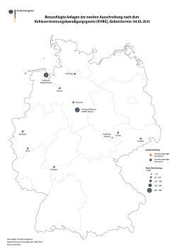 Bezuschlagte Anlagen der 2. Runde der Kohlestilllegungsausschreibungen auf einer Deutschlandkarte Bezuschlagte Anlagen der 2. Runde der Kohlestilllegungsausschreibungen auf einer Deutschlandkarte