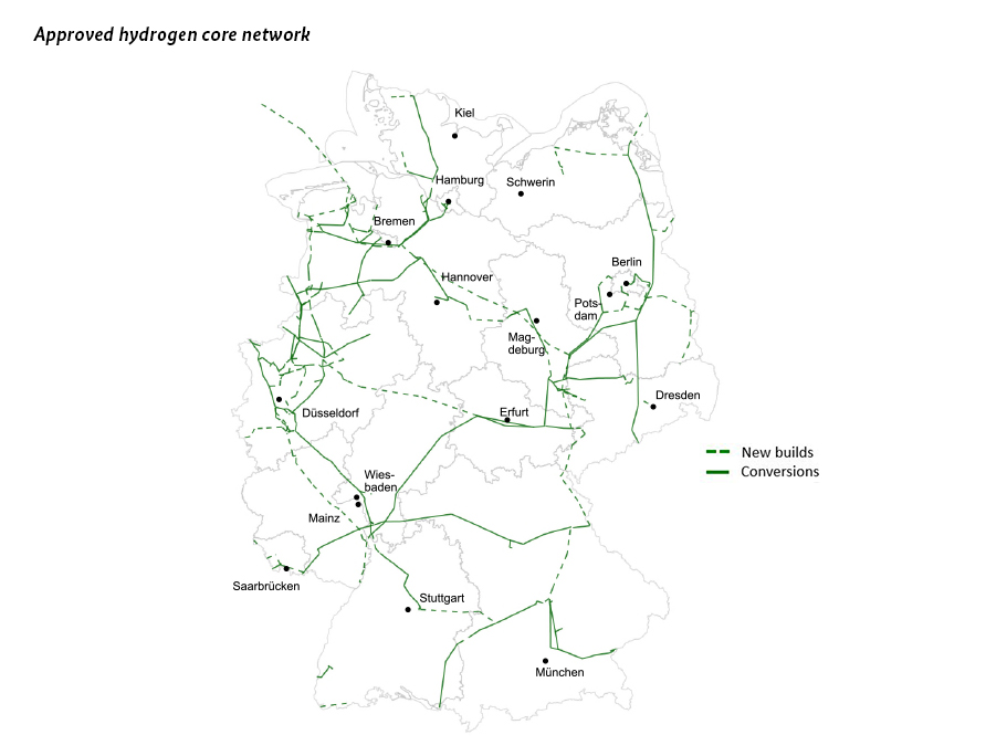 Map of Germany with approved hydrogen core network. Map of Germany with approved hydrogen core network.