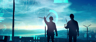 Collage Grafiken, Windräder und 2 Menschen mit Bauhelm Collage Grafiken, Windräder und 2 Menschen mit Bauhelm